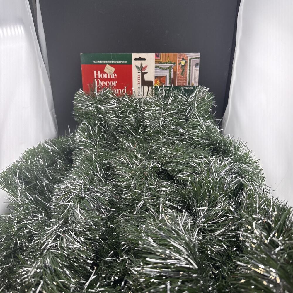 Vintage Velvet Touch Home Decor Garland 18 Ft Green Silver Tinsel Flame Resist